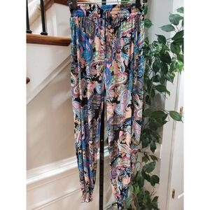 Womens Multi Paisley Pockets Elastic Waist Drawstring Casual Jogger Pants Small